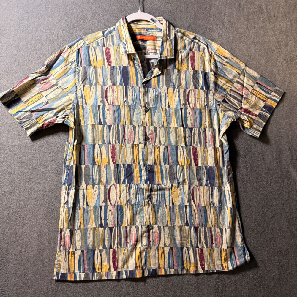 Tori Richard Mens M Cotton Lawn Surfboard Print Hawaiian Aloha Shirt Blue Yellow